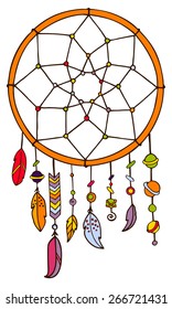 American Indian dream catcher. Hand drawing vintage feather and bead. Ethnic thing. Colorful dream catcher on the white background. 