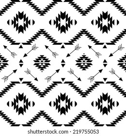 American indian ethnic geometric seamless pattern.Black and white vector pattern. 