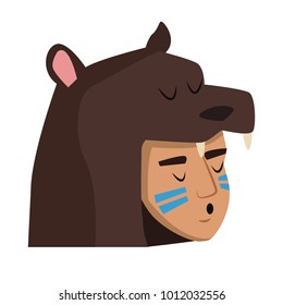 American indian face with bear cap