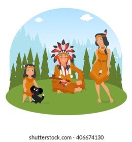 American Indian family has a rest on the nature. vector. 