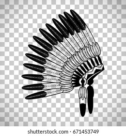 American Indian feathers war bonnet isolated on transparent background, vector illustration