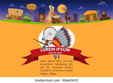American Indian game background. 19th century illustration in cartoon style.