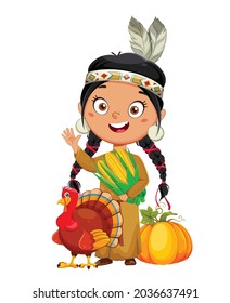 American Indian girl. Cute cartoon character. Usable for Thanksgiving day