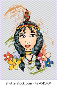 American Indian girl. Hand drawing illustration.