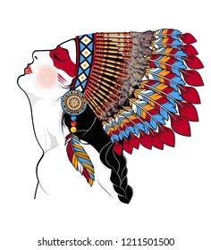 American Indian Girl In National Headdress Illustration