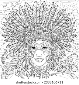 American Indian Girl in Roach.Coloring book antistress for children and adults. Illustration isolated on white background.Zen-tangle style. Hand draw