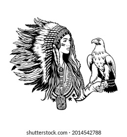 American Indian girl svg. national headdress and an eagle sitting on her hand. Indian girl cutting file svg. Eagle svg. Plotter American Indian clipart svg