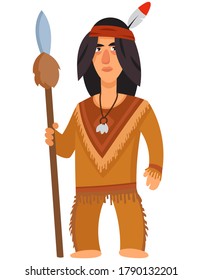 American indian holding spear. Male character in cartoon style.