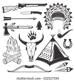 American indian hunter attributes and weapons set of vector objects, design elements in monochrome vintage style isolated on white background