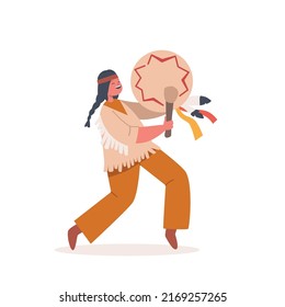 American Indian Kawaii Girl in National Costume and Pigtails Playing Drum. Child in Traditional Dress, Indigenous Character of America Isolated on White Background. Cartoon People Vector Illustration