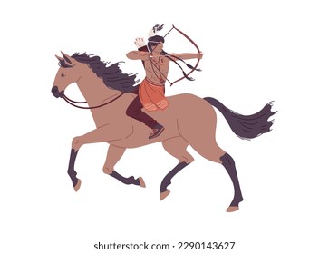 American Indian man riding on horse and drawing string of bow flat style, vector illustration isolated on whit background. Warrior character in traditional costume, feathers