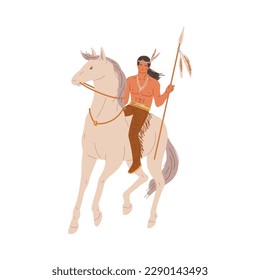 American Indian man in traditional costume with feathers on horseback flat style, vector illustration isolated on white background. Man holding spear in hand, decorative design element, native