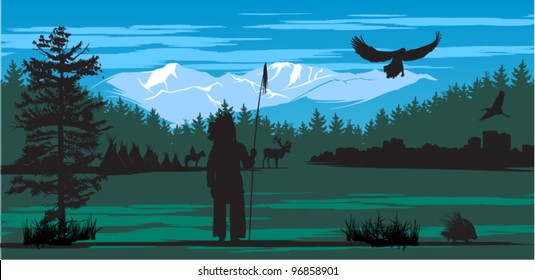 American Indian on the pine wood and snow mountains background
