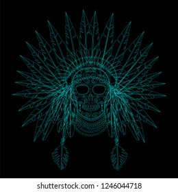 American indian skull wearing war bonnet neon color 