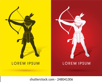 American Indian , tomahawk and bow,Shoot, Archer Standing,  logo, symbol, icon, graphic, vector.