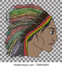American indian in traditional costume. Hand drawn vector illustration. Transparent background