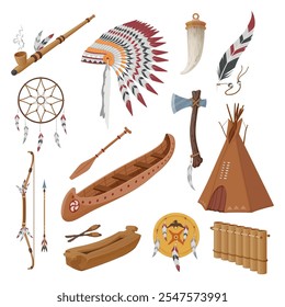 Clipart de herramientas de cultura nativa tribal indígena estadounidense establece Ilustración vectorial isométrica. Tocado de pluma cultural histórica tradicional como barco colmillo flechas de arco wigwam dreamcatcher pungi