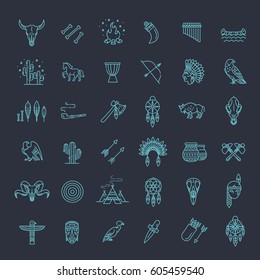 American indian. Tribal outline icon set. Vector