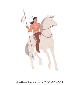 American Indian tribe warrior with spear on horseback, flat vector illustration isolated on white background. Native American man in traditional clothes and accessories.