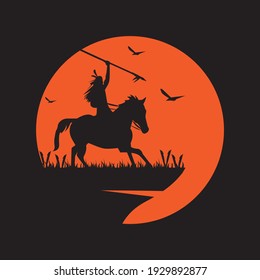American Indian tribes riding horses on cliffs in orange and black, perfect for screen printing clothes or backgrounds