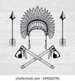 American Indian. Vector Ax. Arrow. Fur. T-shirt Design. Texture. Background. Grunge