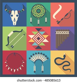 American indian, vector flat illustration, icon set: skull, dream catcer, smoking pipe, bow, arrow, decoration, music, amulet, headdress, snake