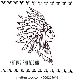 American indian in war bonnets. Linear vector illustration.