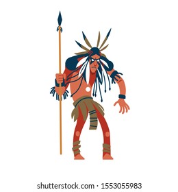 American Indian warrior man wearing war bonnet and traditional clothes and holding spear. Native peoples of America. Male cartoon character isolated on white background. illustration.