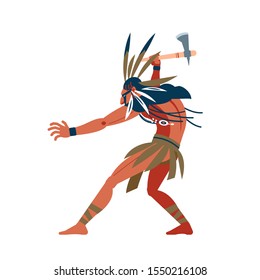 American indian warrior ran to attack its prey. Unusual savage costume, jewelry, makeup combat and tomahawk in hand. Cartoon, flat vector illustration isolated white background.