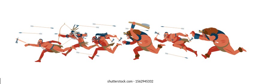 American Indian warriors in the attack with weapons in their hands. Vector cartoon flat illustration on white background