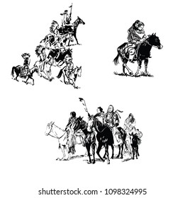 American indian warriors riding horses. Aboriginal riders. Vector illustration isolated on background.