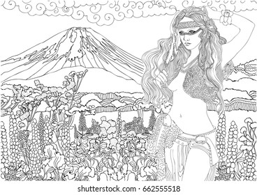 
American Indian. Indian woman in the background of a mountain landscape. 
Coloring pages