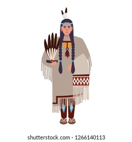 American Indian woman with braids or  wearing ethnic tribal clothes. Indigenous peoples of America. Female cartoon character isolated on white background. Colorful flat vector illustration.