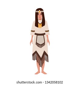 American Indian woman in national ethnic clothes or traditional tribal costume decorated by fringe. Aborigines or indigenous people of America. Female cartoon character. Flat vector illustration.