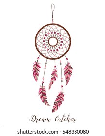 American Indians amulet. Dream catcher with feathers and beads on a white background. Boho style.