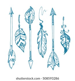American indians feather arrows vector set, old tribal feathers hipster decoration. Hipster vintage element arrow illustration