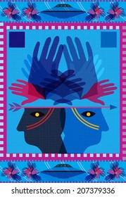 American Indians with headwear from  hands. Images of Indians. UFO fiction. Vector illustration.