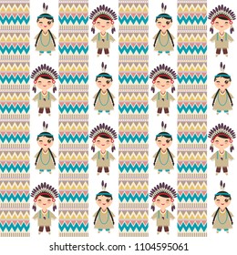 American indians Kawaii boy and girl in national costume. Cartoon children in traditional dress Indigenous peoples of the Americas Triangle and line tribal Navajo seamless pattern. Vector