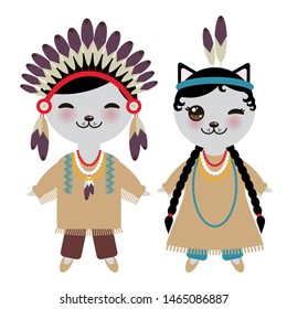 American indians Kawaii boy and girl in national costume. Cartoon kawaii cat in traditional dress Indigenous peoples of the Americas isolated on white background. Vector