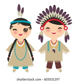 American indians Kawaii boy and girl in national costume. Cartoon children in traditional dress Indigenous peoples of the Americas isolated on white background. Vector