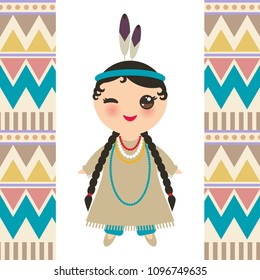 American indians Kawaii girl in national costume. Cartoon children in traditional dress Indigenous peoples of the Americas. Triangle and line tribal Navajo pattern. Vector