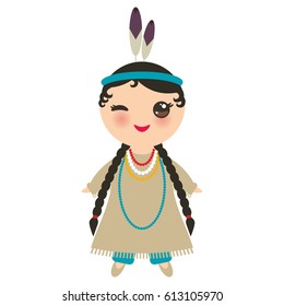 American indians Kawaii girl in national costume. Cartoon children in traditional dress Indigenous peoples of the Americas isolated on white background. Vector