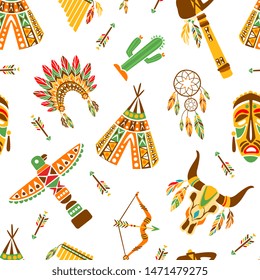 American Indians Seamless Pattern, Ethnic, Tribal Design Element Can Be Used for Textile, Wallpaper, Packaging, Background Vector Illustration