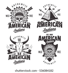 American indians set of four vintage emblems, labels and logos in monochrome style isolated on white background