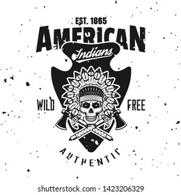 American indians vector emblem, label, badge or logo in vintage monochrome style isolated on background with removable grunge textures