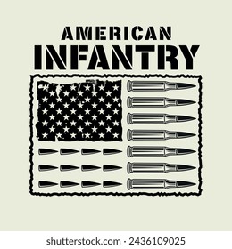Ilustración vectorial de la bandera del ejército de infantería estadounidense en estilo monocromo. Bandera de Estados Unidos desde balas