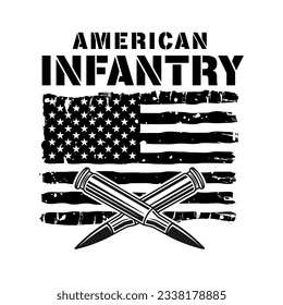 American infantry special forces vector illustration in monochrome style with USA flag and bullets isolated on white