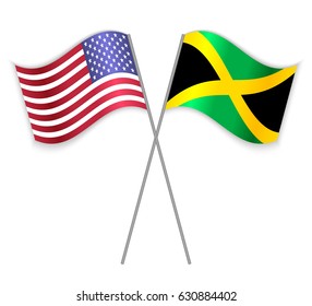 American and Jamaican crossed flags. United States of America combined with Jamaica isolated on white. Language learning, international business or travel concept.