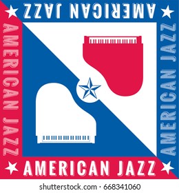 American Jazz Logo Creative Concept with Two Grand Pianos Composition and Text - Blue and Red Elements on White Background - Vector Graphic Poster Design