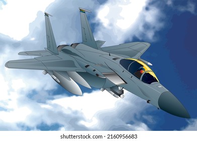 Ilustración aérea del avión de caza americano F-15, con fondo azul turbio del cielo.